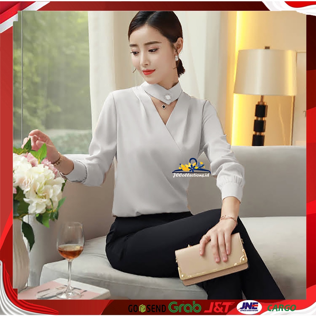 JCCollections Blouse Korea Style Satin Velvet leher tinggi Wanita Gaya Korea Lengan Panjang Minna