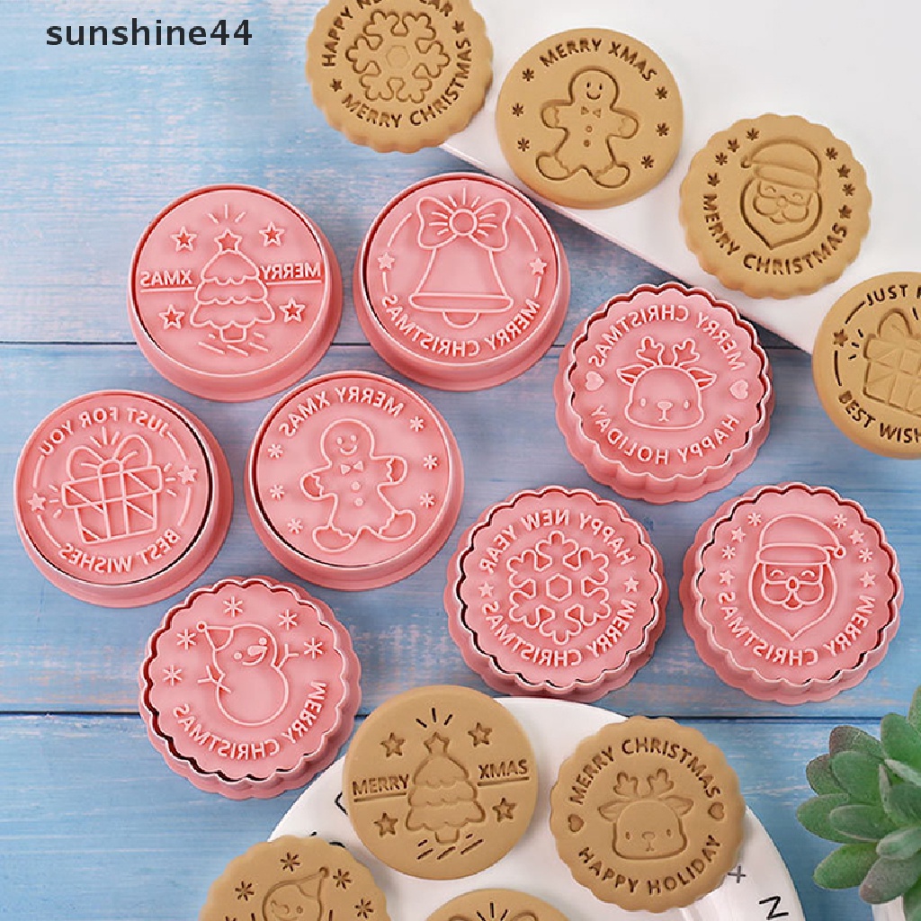 Sunshine 8pcs/set Pemotong Kue Kering Cetakan Biskuit Plastik Tema Natal Kartun Dapat Ditekan.