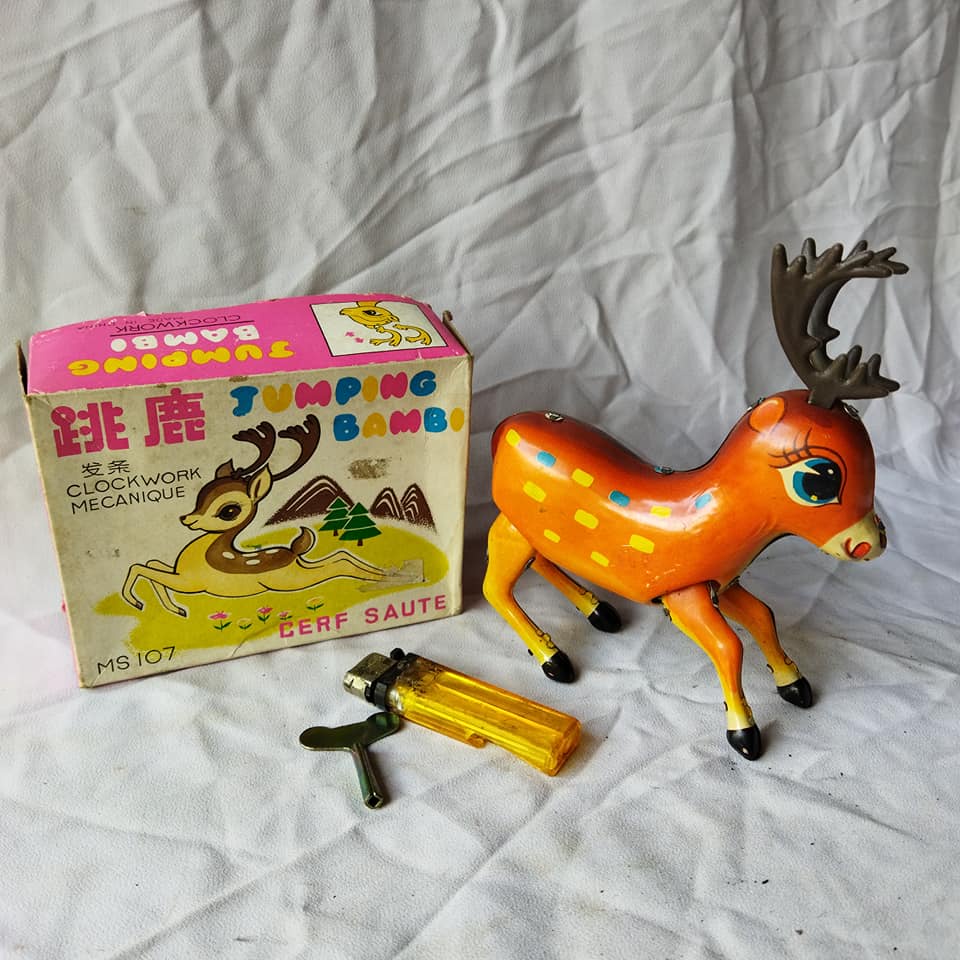 Vintage Tin Toy Jumping Bambi NOS