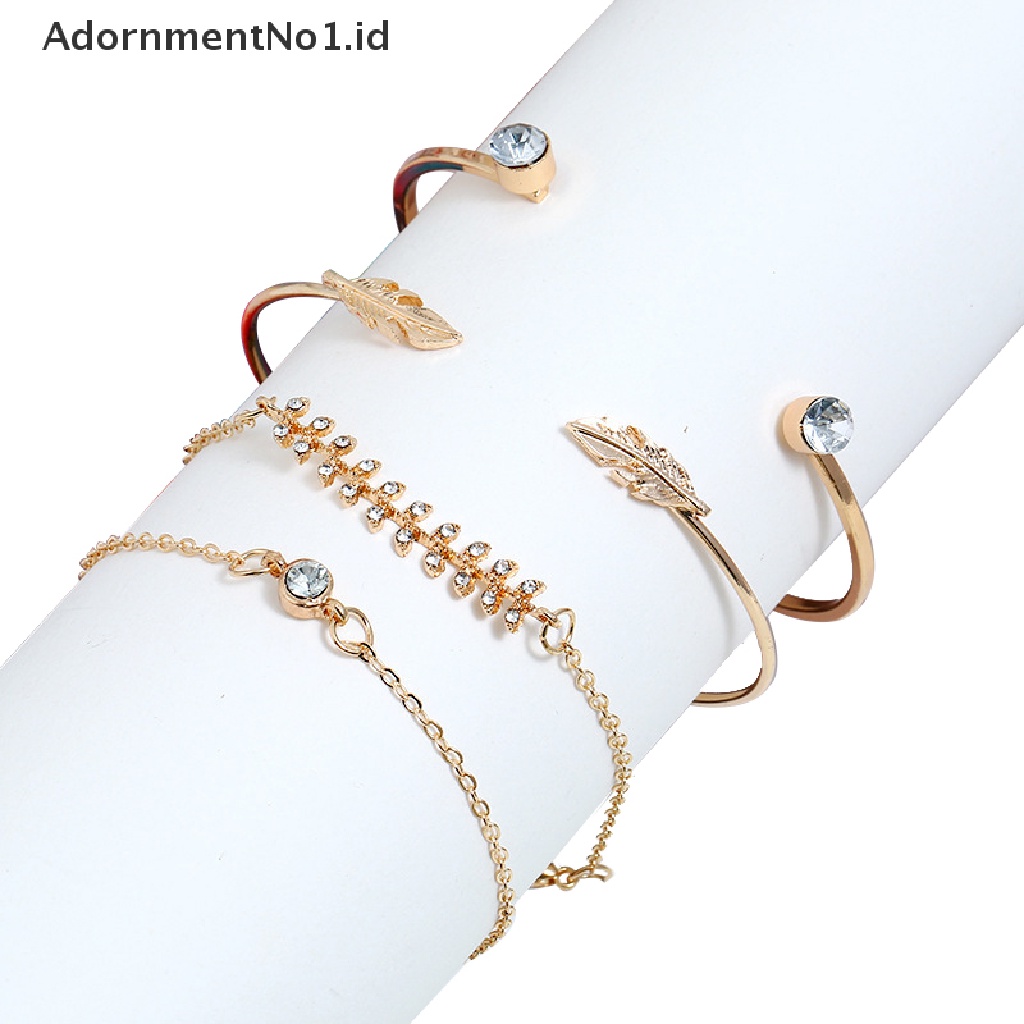 [AdornmentNo1] 4pcs/set Fashion Wanita Geometris Kristal Daun Gelang Adjustable Bangle Jewelry [ID]