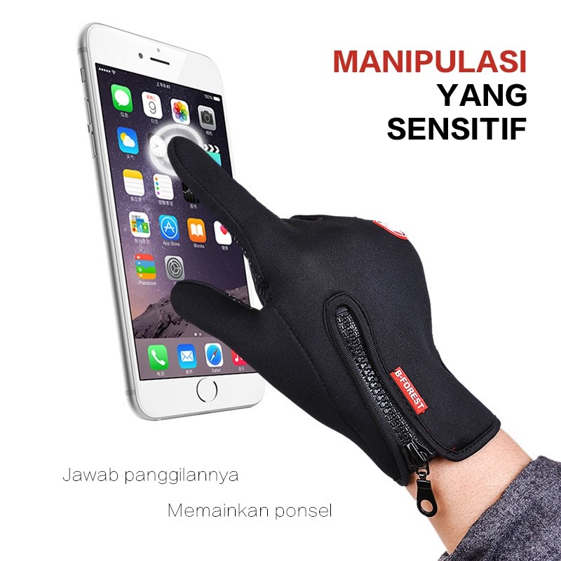 (COD) Sarung tangan Sepeda Motor Touchscreen HP handphone Zipper Resleting Waterproof Dengan Zipper Gym Sport Gloves