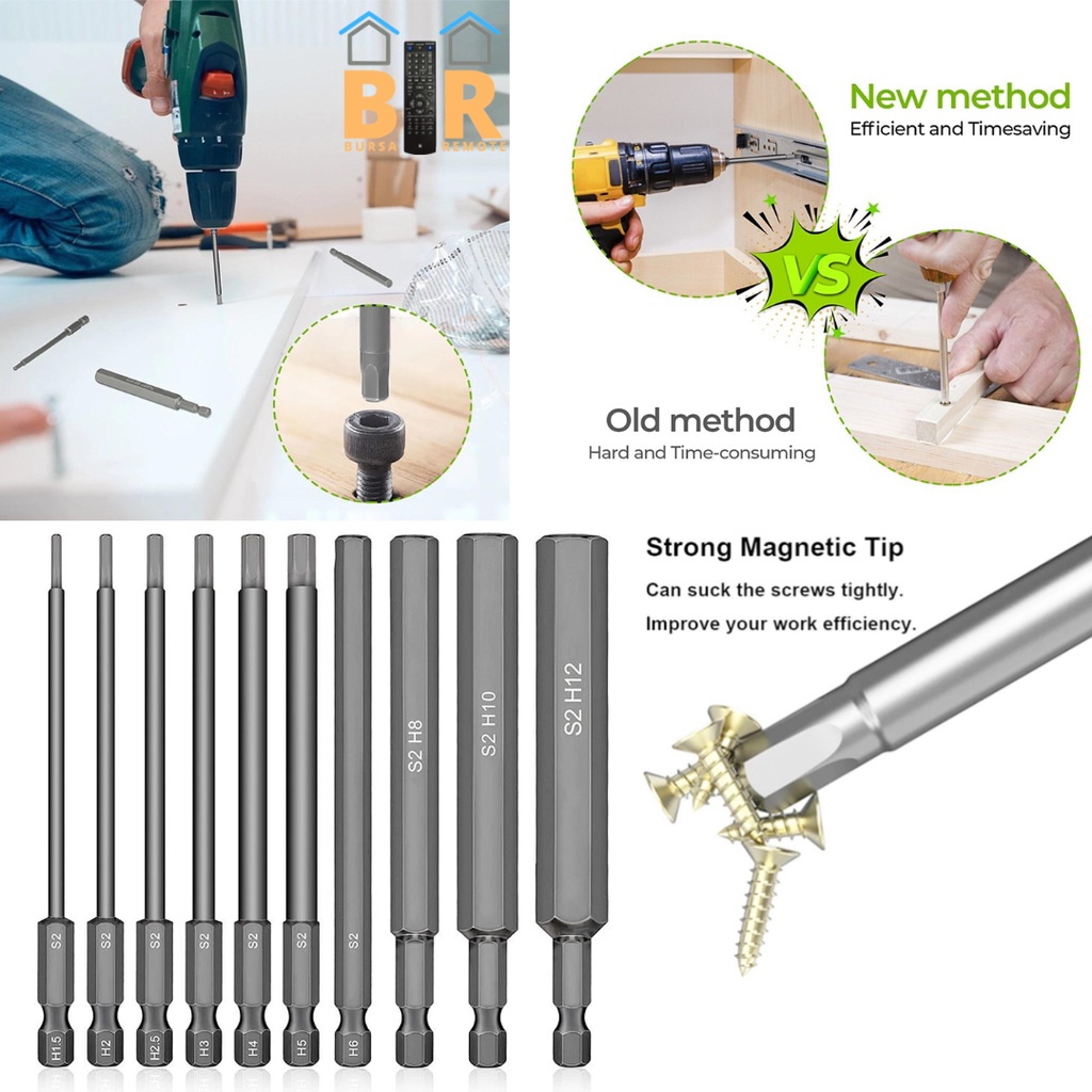 Mata Obeng Magnetic Torx 1/4&quot; Set 10 Pcs Kunci L Kepala Hex Bahan Baja Allen Bit Kunci Pas Obeng Magnetik Matrix S2 Alloy Steel