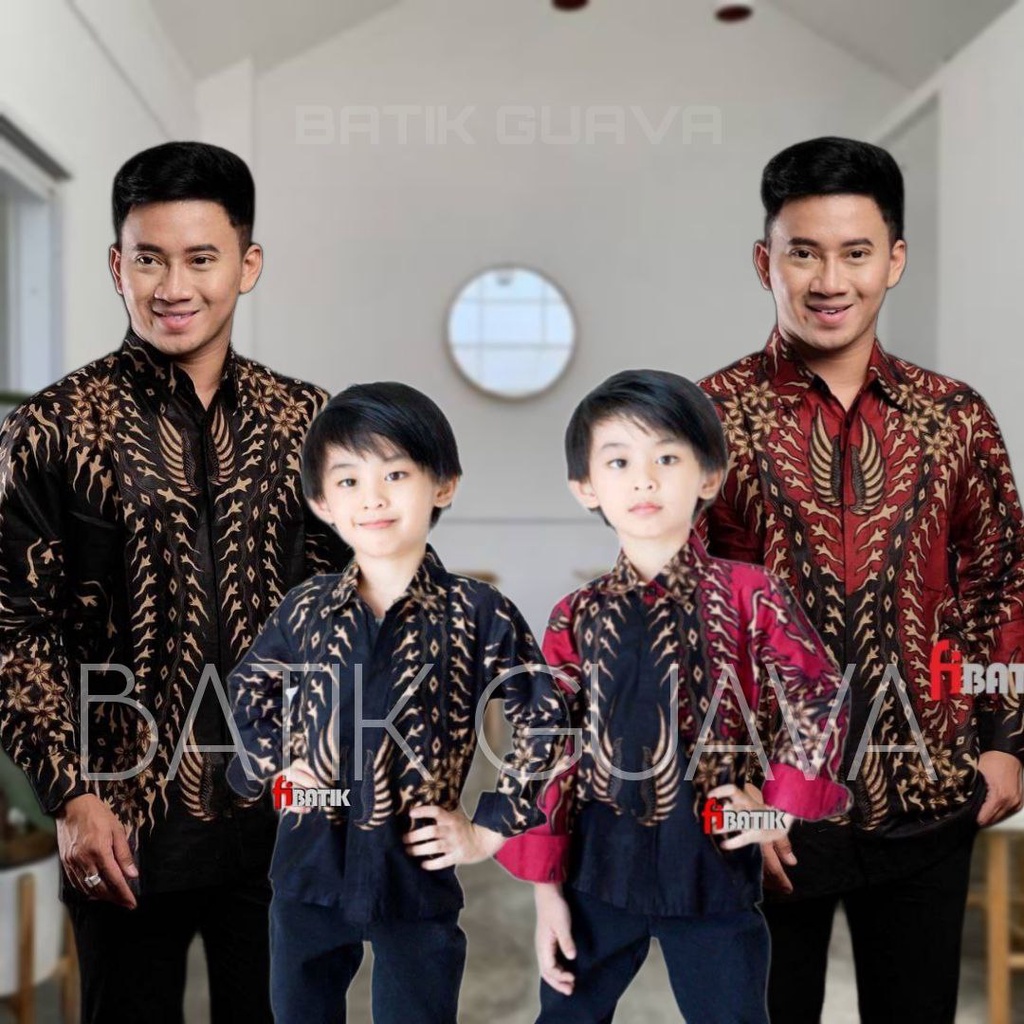 Kemeja Batik Anak Laki-laki Lengan Panjang Couple Batik Ayah Dan Anak Cowok Warna HITAM / MERAH