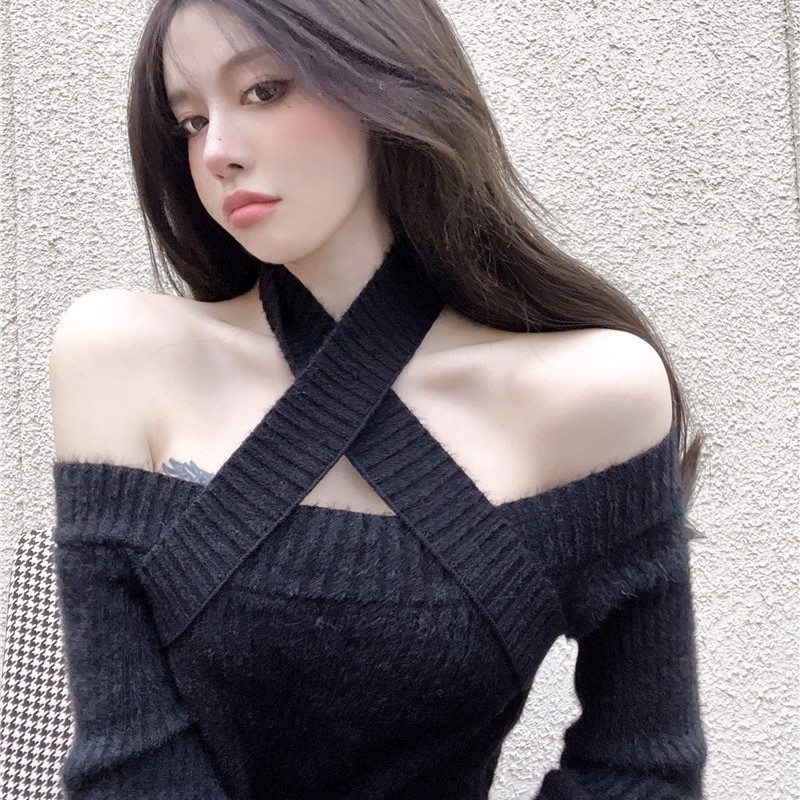 Red Musim gugur dan musim dingin menggantung leher halter kembali slim slim sweater top one shoulder sexy babes gaya keinginan murni rajutan kemeja bottoming untuk wanita