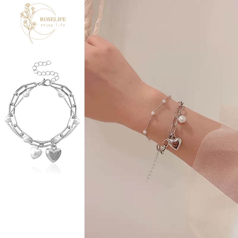 Roselife Double Layer Pearl Beads Rantai Kaitan Perak Jantung Pesona Gelang Untuk Wanita Gadis Elegan Gelang Tangan Perhiasan Hadiah