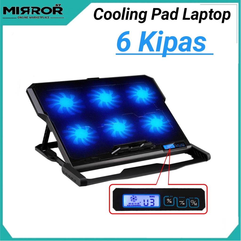 Cooling Pad Laptop 6 Kipas LCD Screen Display Alas Pendingin Laptop 6 Speed Adjustable 2 USB Port