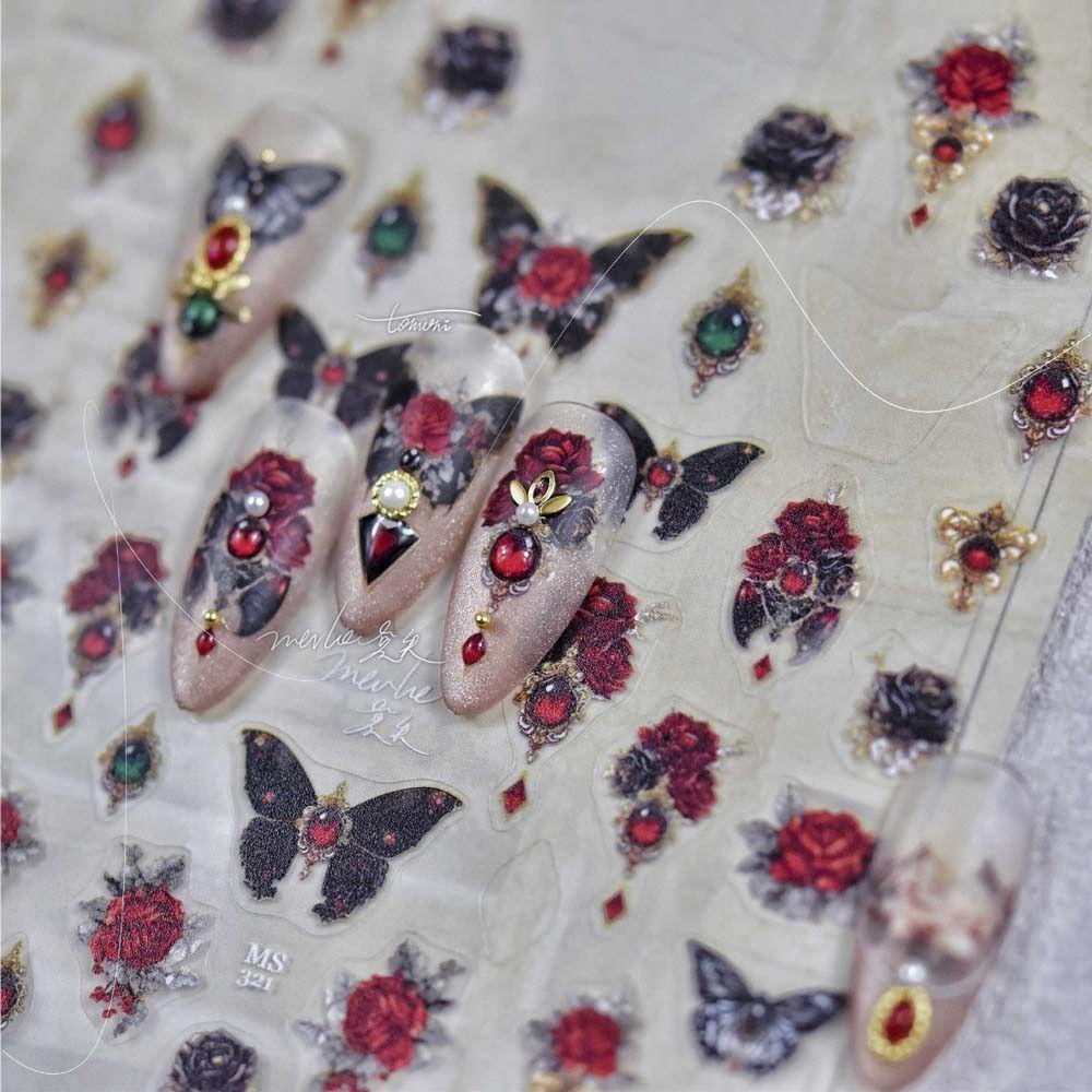 AUGUSTINA Agustina Butterfly Stiker Kuku Retro 3D Relief Kupu-Kupu Merah Self Adhesive Nail Art Dekorasi