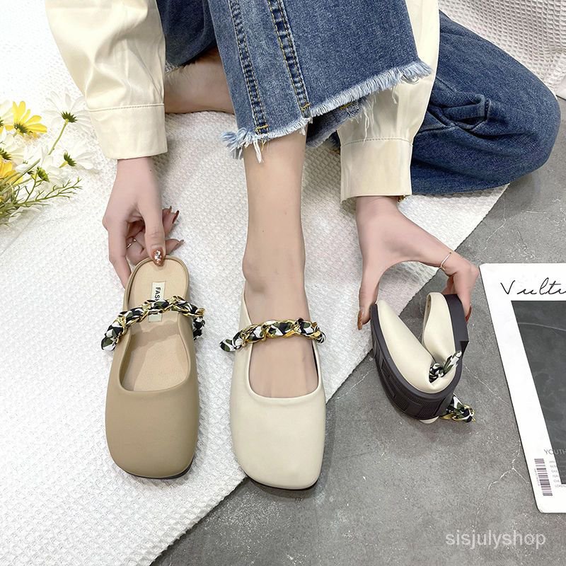 #Sisjuly# Sandal wanita baru datar bawah memakai sepatu luar mullet sepatu slip tahan setengah sanda