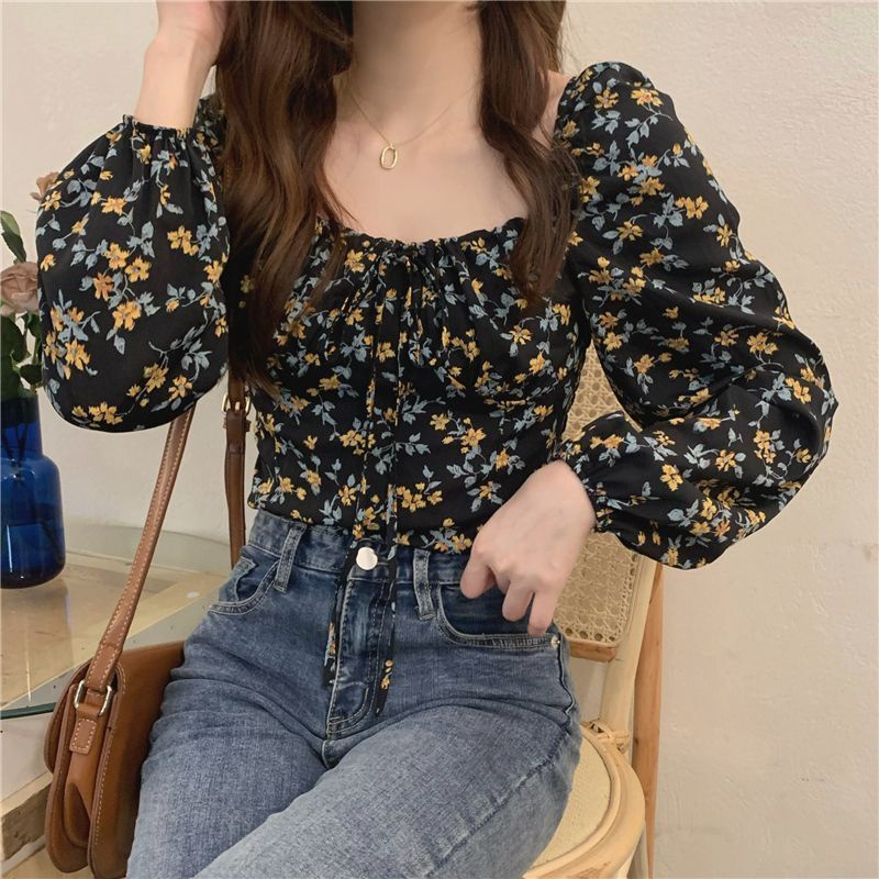 Red French square collar floral long-sleeve shirt women s autumn unique chic top slim fit short design niche shirt