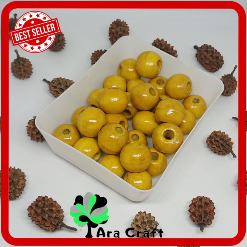 [15 mm] Manik mote kayu bulat / wooden beads bulat Warna kuning / manik Monte kayu / manik mote macr