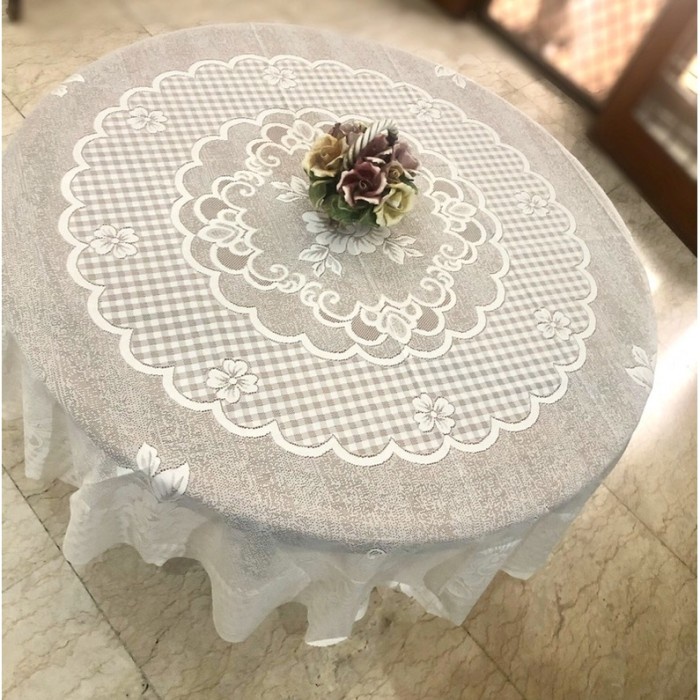 """] Taplak Meja Bulat Bundar Kain Brokat Putih Polos Vintage Jadul Klasik