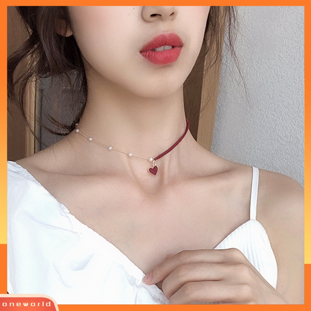 [ONE] Liontin Kalung Kepribadian Manik-Manik Asimetris Temperamen Geometris Cinta Merah Hati Mutiara Imitasi Kalung Kalung Perhiasan Aksesori