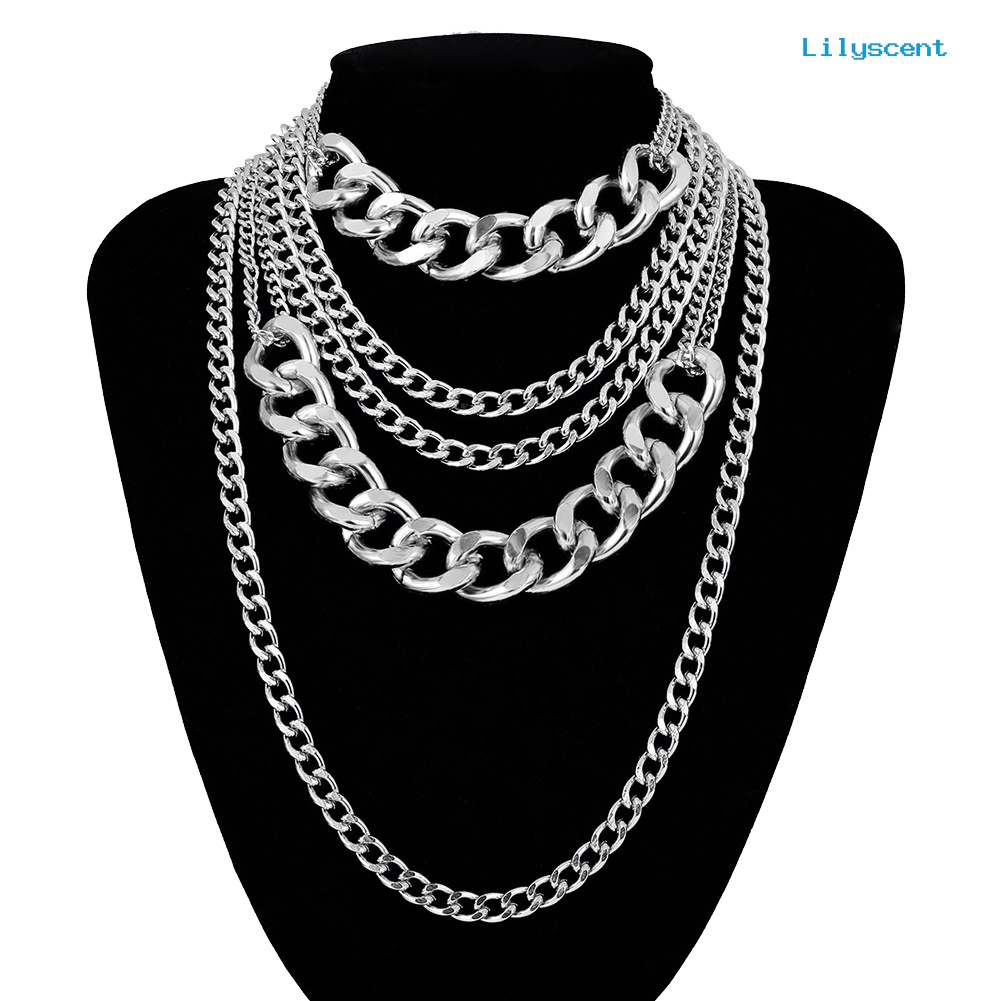 Ls Punk Wanita Multi-layer Curb Rantai Pernyataan Kalung Rock Hip-hop Perhiasan Hadiah