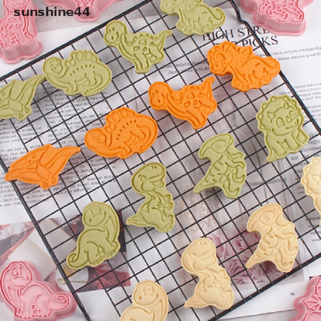 Sunshine 8Pcs/Set Kartun Dinosaurus Cookie Cutters Cetakan Biskuit 3D Plastik Pressable.