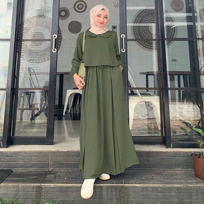 Modern Dress Gamis Lebaran Warna Hijau Army Kasual Kekinian Terbaru 2023