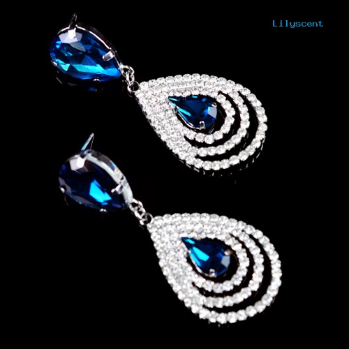 [LS] Lady Girl Elegan Teardrop Menjuntai Drop Ear Studs Rhinestone Earrings Cocktail