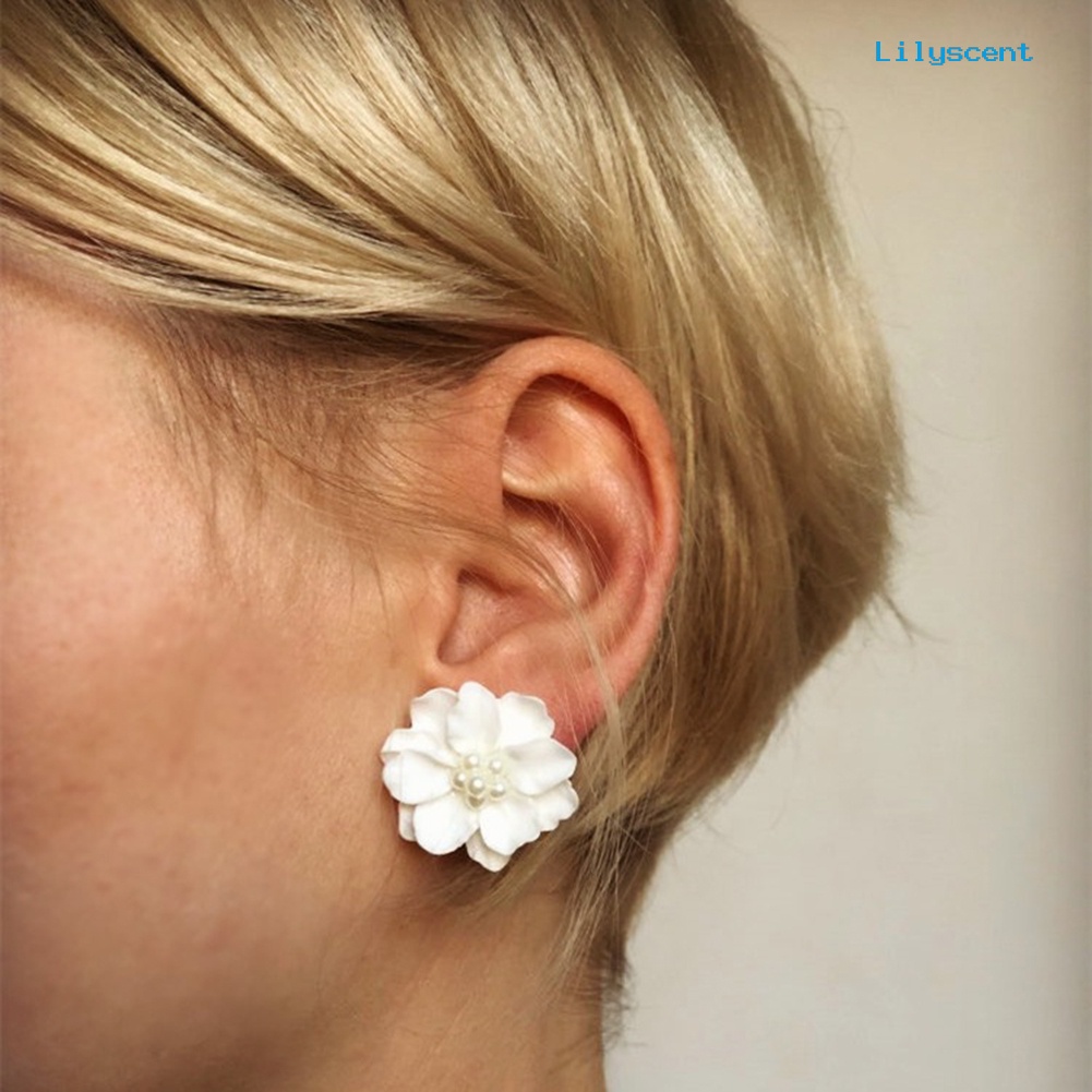 [LS] Elegan Resin Bunga Mutiara Imitasi Wanita Anting Ear Studs Perhiasan Pesta Pacaran