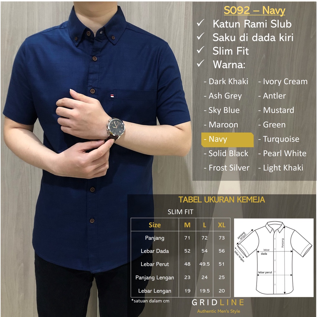 [GRIDLINE - S092 Colorful Premium Basic] Kemeja Pria Polos Slimfit Katun Rami Premium M-XXL