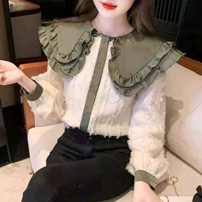 8700 Baju atasan kemeja OVERSIZED COLLAR lengan panjang ala Korea Korean style wanita premium import