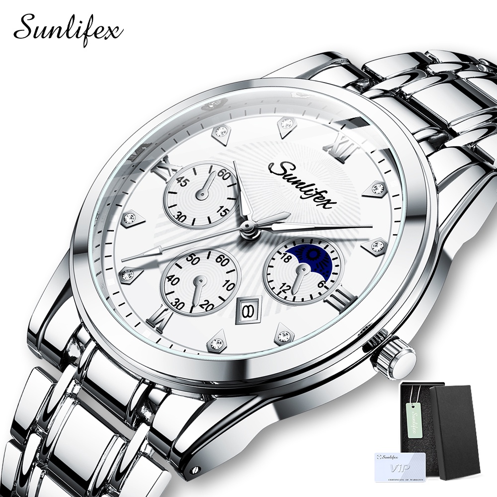 Sunlifex Jam Tangan Pria Original 9004A Kuarsa Calendar Tali Stainless Steel Mode Santai Jam Tangan Cowok-SilverWhite