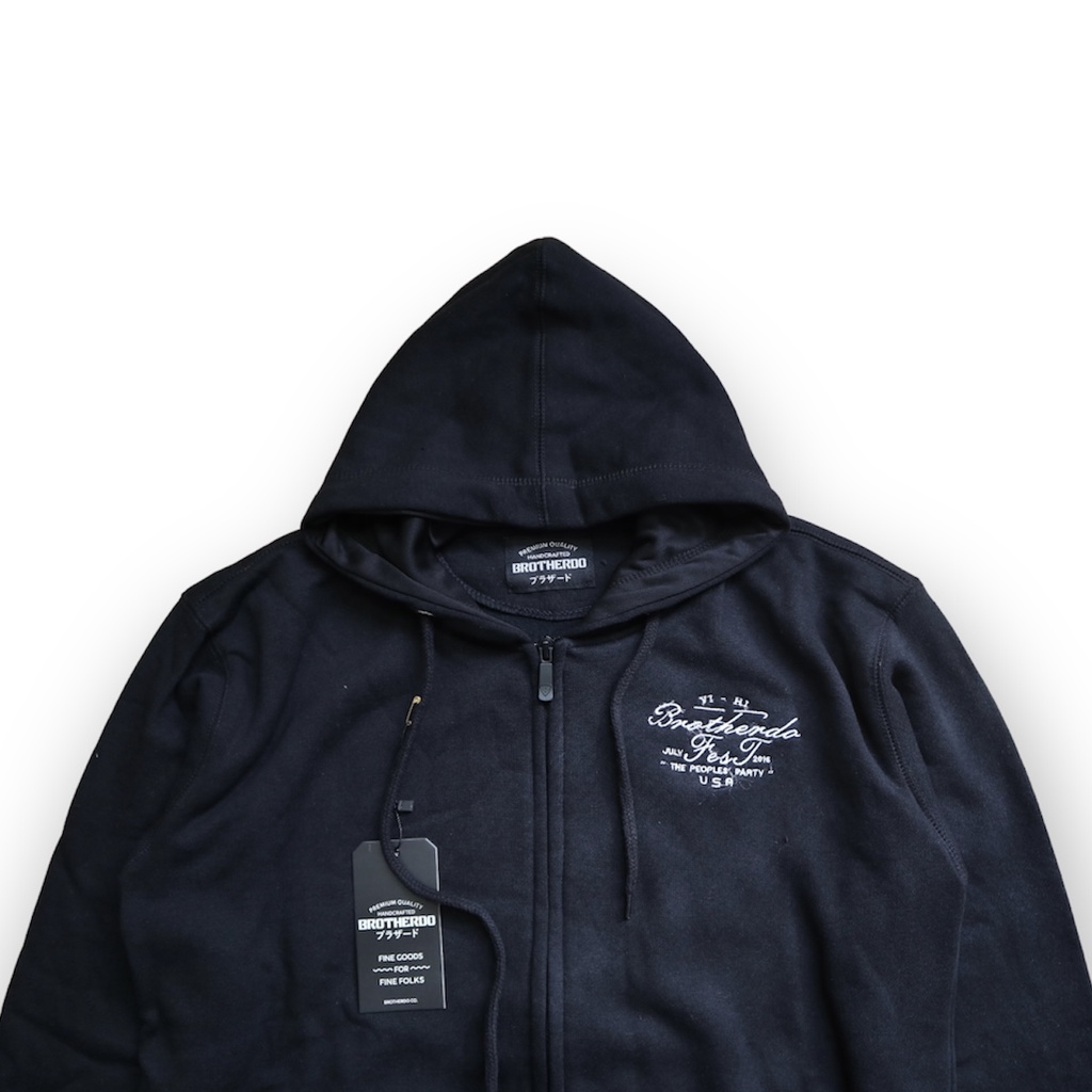 Zipper hoodie katun pria  wanita unisex hitam bordir simpel brotherdo