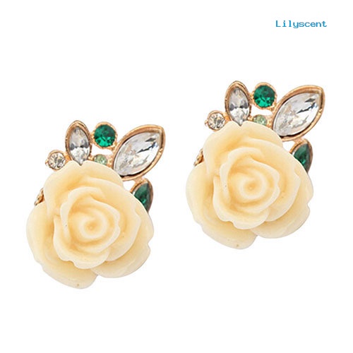 [LS] Wanita Retro Elegan Bunga Mawar Berlian Imitasi Hias Telinga Studs Earrings Hadiah