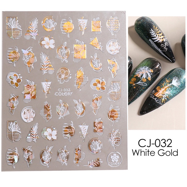 GELASA Stiker Kuku Nail Art Sticker Flower Mix Gold &amp; White Foil Hologram semi3D series CJ