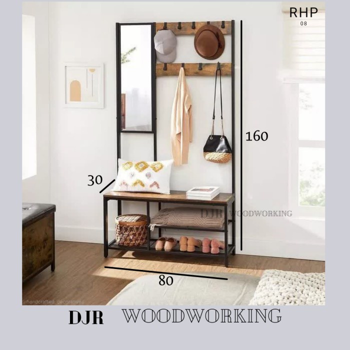 Hanger Rak Meja Cermin Gantungan Baju Pakaian Sepatu Kayu Besi 80X160