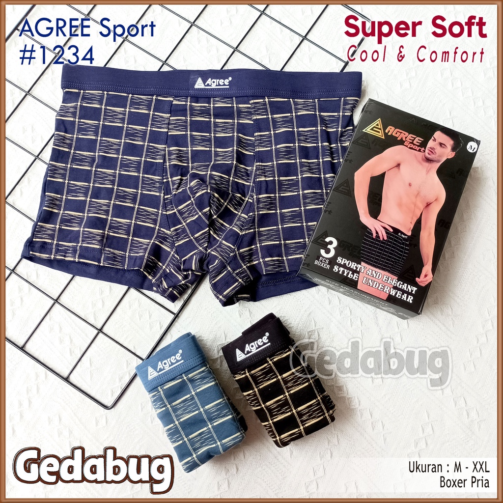 [ 3pc ] CD BOXER AGREE 1234 | Celana dalam pria boxer Agree Sport Anti bacterial Cotton | Gedabug