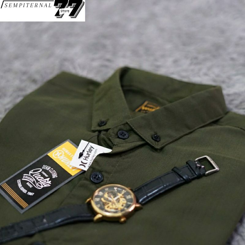 Kemeja formal polos pria lengan panjang warna hijau army hem kerja kantor cowok distro halus