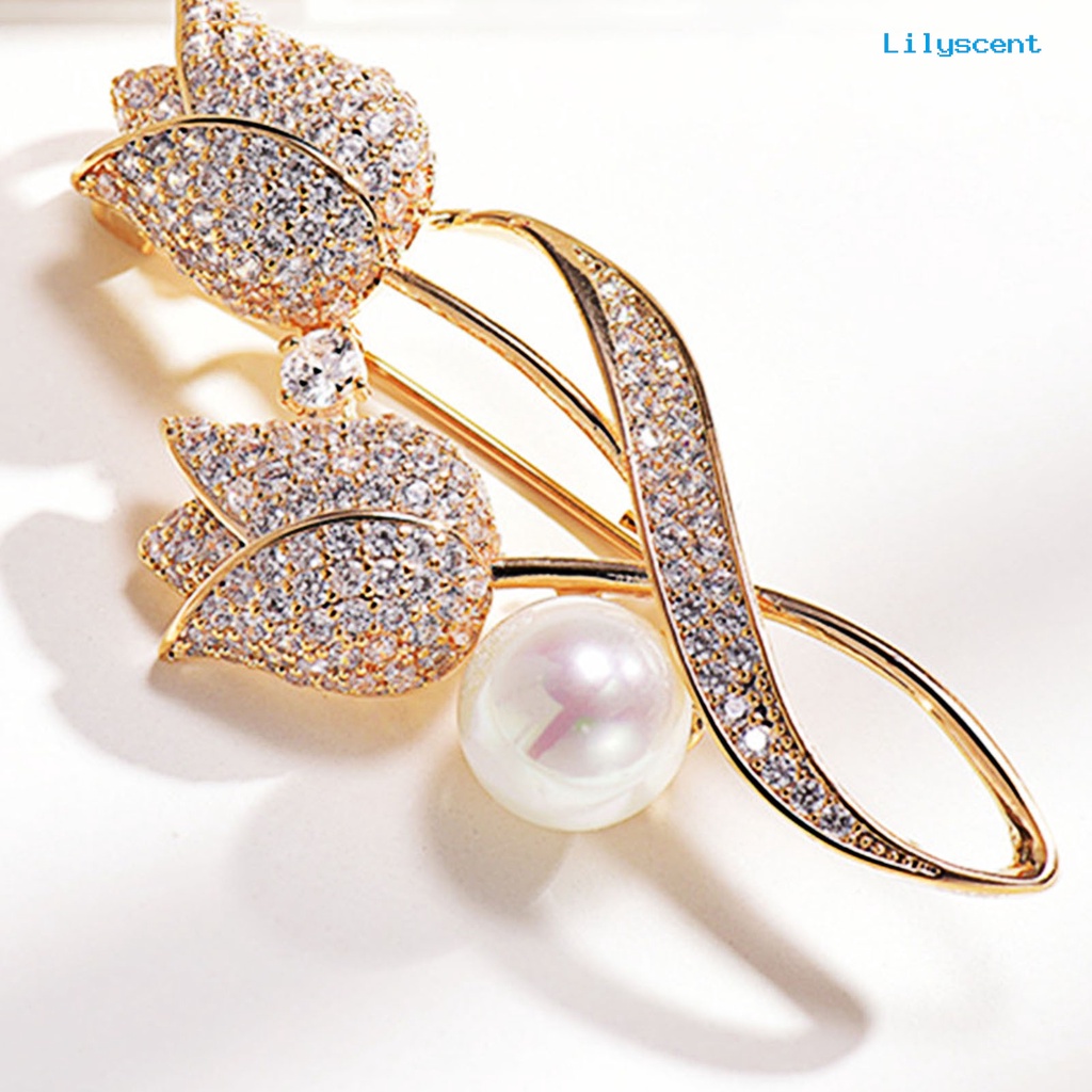 [LS] Lady Pin Berlian Imitasi Mutiara Imitasi Bentuk Tulip Shiny Women Brooch Untuk Prom