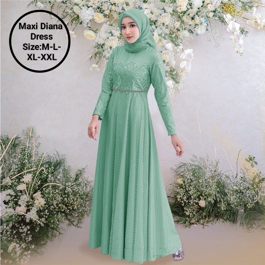 Pakaian Gamis Wanita Busui Model Terbaru Kekinian/Maxi Diana Dress 4 Size M-L-XL-XXL Matt Moscrepe Mix Brokat Mutiara Dan Tille Onde/Dress Kondangan/Dress Elegant