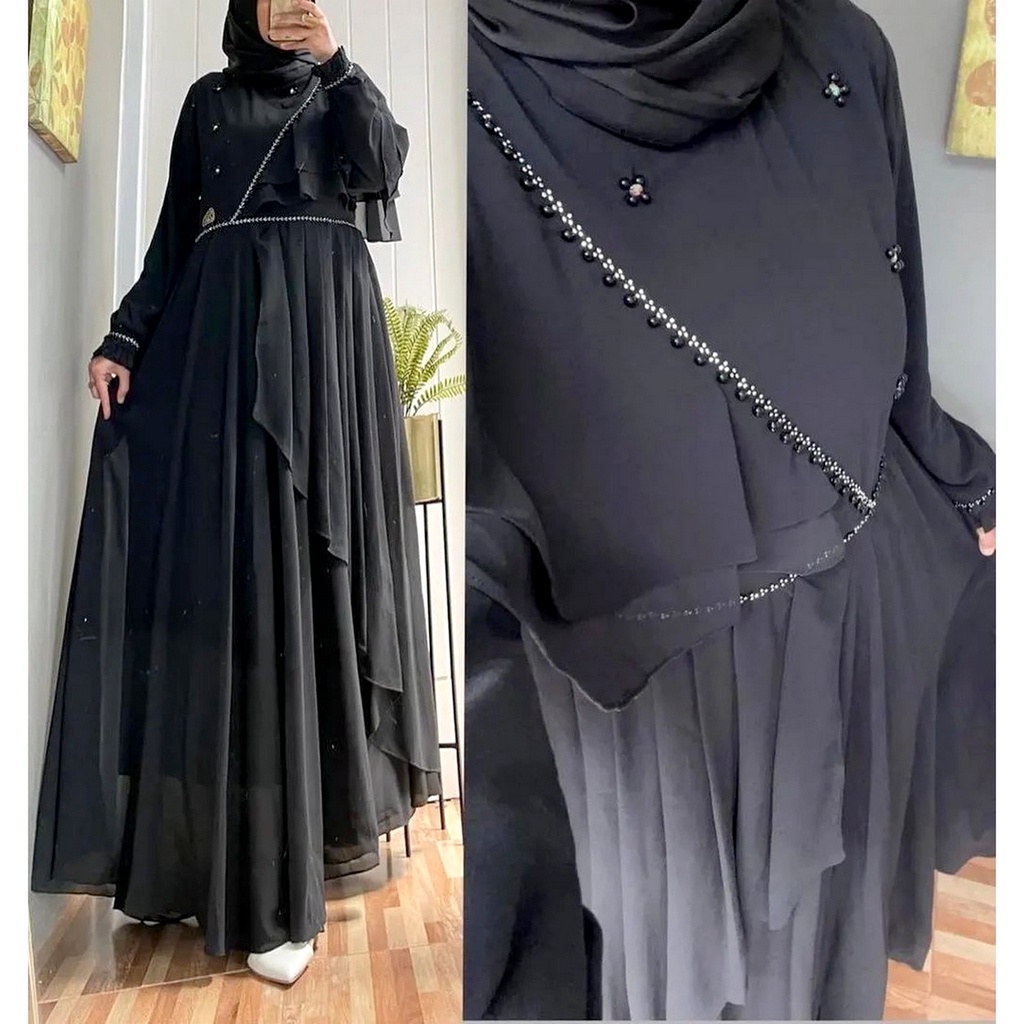 Gamis Payet Outfit Lebaran / Dress Kondangan Warna Hitam Simpel Polos Terbaru Kekinian Mewah Elegan 