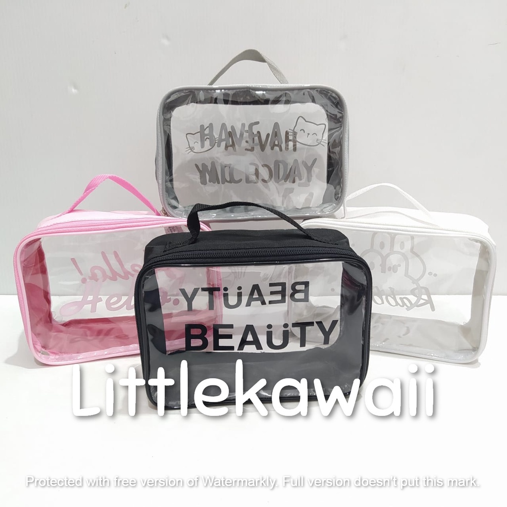 LK/Tas Pouch Mika Transparan Tulisan Quotes Travel Bag Make Up Kosmetik Serbaguna Persegi Kotak Tenteng Atas Wanita Remaja