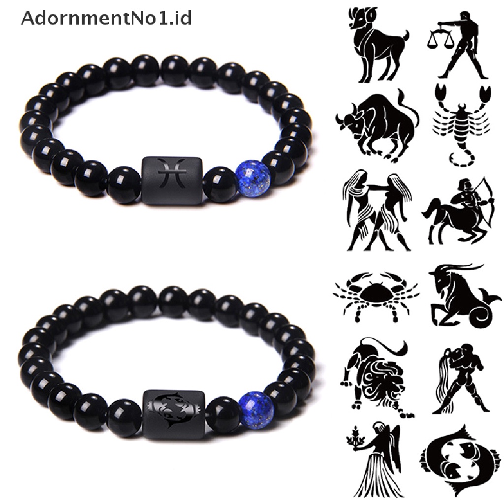 [AdornmentNo1] 12stelasi Zodiak Tanda Manik-Manik Gelang Pasangan Batu Onyx Hitam Alami Elastis Pesona Gelang Untuk Wanita Pria [ID]