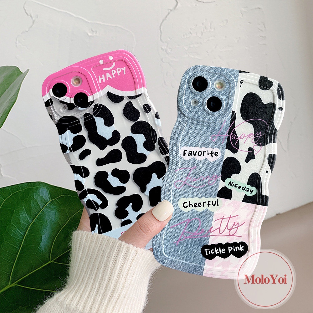 IPHONE Casing Pasangan Tepi Bergelombang Kompatibel Untuk Iphone6 6s 8 7 Plus XR 14 13 12 Pro Max 11 Pro Max 14Plus X XS Max SE 2020motif Denim Splicing Motif Sapi Leopard Lembut TPU Penutup Belakang