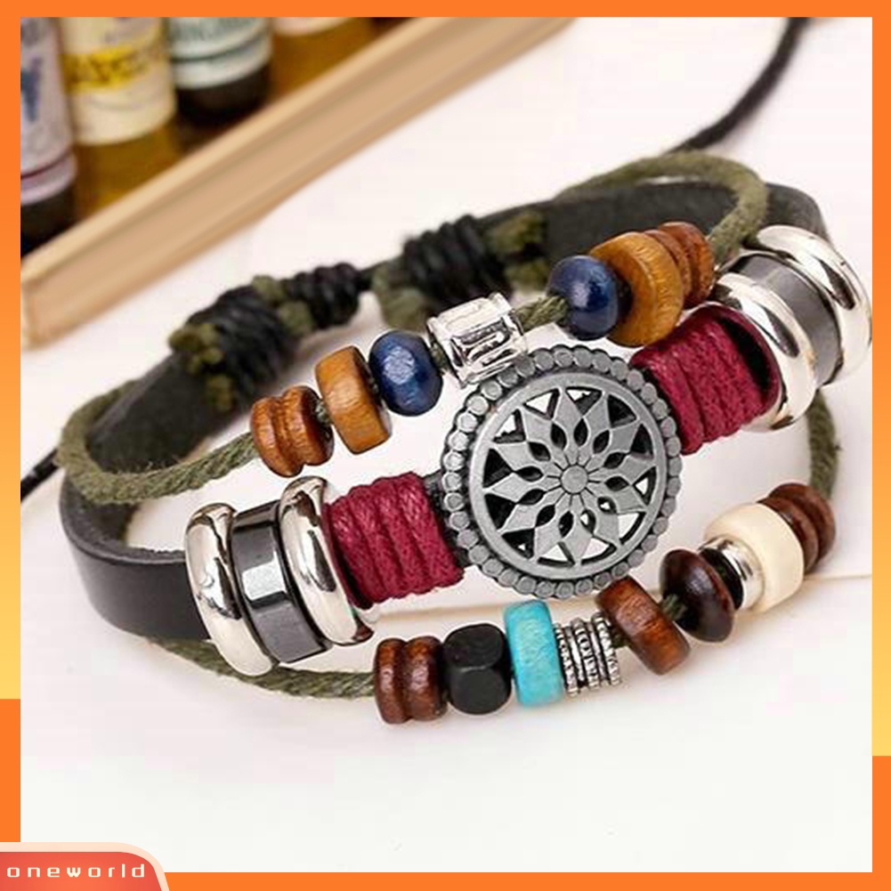 {oneworld} Boho Wanita Multi Layer Manik-Manik Anyaman Tali Kulit Gelang Adjustable Perhiasan