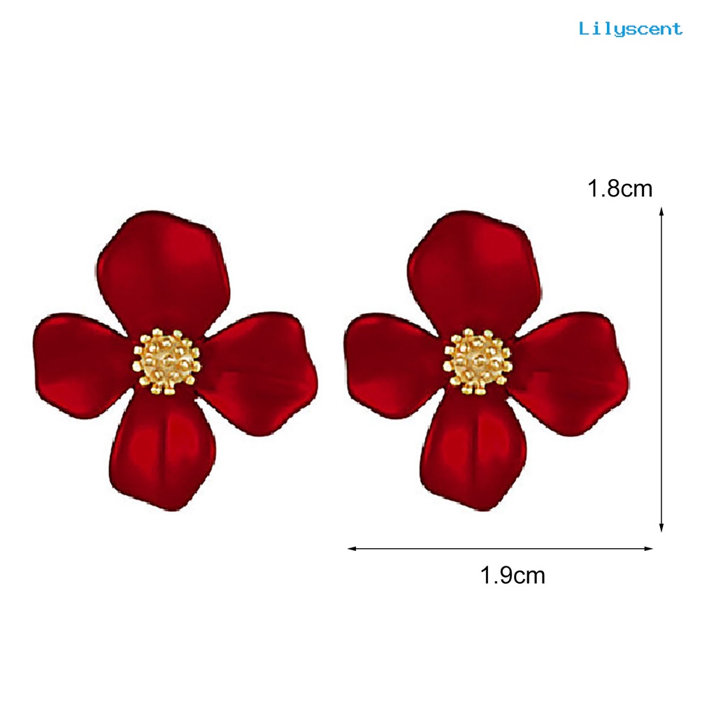 [LS] 1pasang Wanita Manis Merah Bentuk Bunga Empat Kelopak Telinga Stud Anting-Anting Perhiasan Aksesori