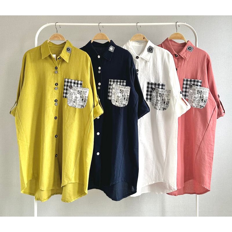 Tunik Kemeja Katun Linen Import  Polos+Aplikasi Lucu LuBaNa#6685
