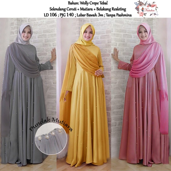 Gamis Syari Wanita Bahan Wollycrepe Kombinasi selendang Ceruty Variasi Mutiara Long Dress Pesta Wanita Resleting Belakang Ada Karet Pinggang