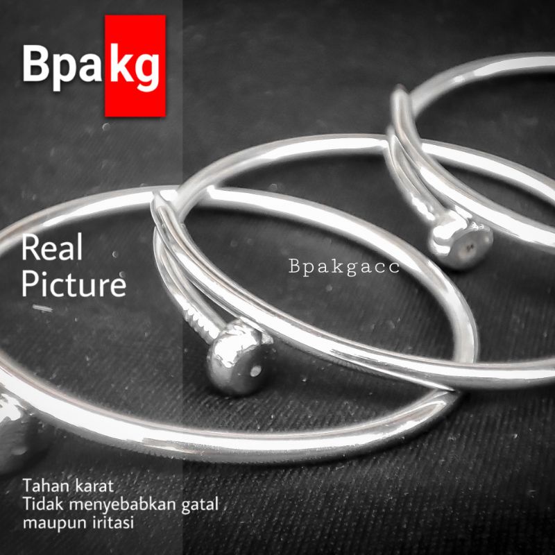 Gelang tangan paku polos Anti karat - Gelang Wanita pria besi putih asli Silver simple bangle monel 