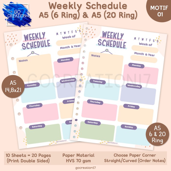 Kertas Kertas Isi Binder Weekly Schedule A5 (6 Ring) & A5 (20 Ring)