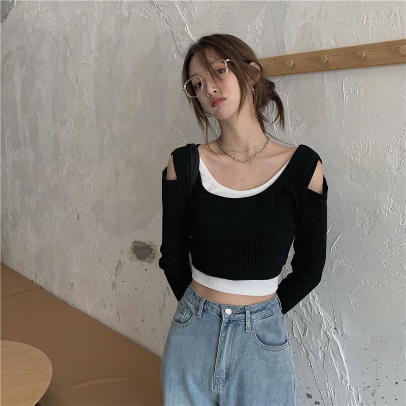 Red Palsu Dua Potong Rajutan T-shirt Wanita Musim Semi 2021 Versi Korea Baru Diri Budidaya dan Tipis Kemeja T-shirt pendek Top Pasang