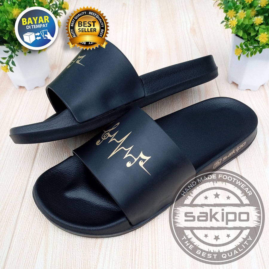 PROMO 2.2 COD SALE !! SANDAL DISTRO KEREN KEKINIAN PRIA DEWASA REMAJA SLIDE HITAM EMAS MOTIF FREKUENSI NADA / SENDAL SLIDE MURAH TERBARU / SENDAL TAHAN AIR TERMURAH / SAKIPO