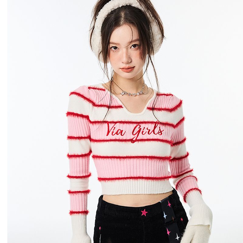 Red Musim Gugur dan Musim Dingin Baru Budidaya Diri Dalam Sweater Wanita Warna Kontras Bergaris Sweter Top Rasa Desain Gadis Seksi V-Leher Kemeja