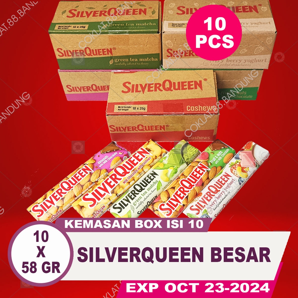 

SIlverQueen Kecil 25gr 1 Box Isi 10 Batang Coklat EX 28 gram - Cokelat SIlver Queen 25 gram Chunky Bar 30gr X 10pcs Milk Chocolate Cashew Almond Fruit Green Tea Matcha Yogurt 25 gr