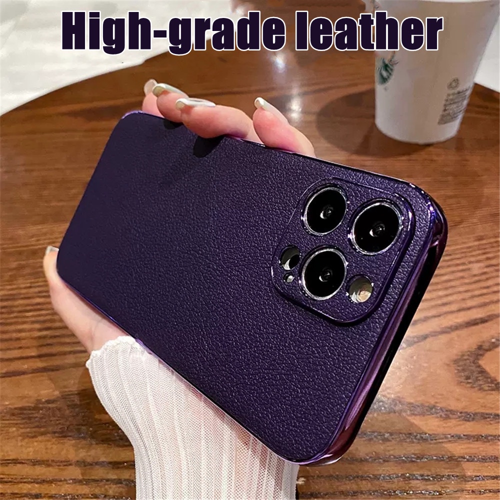 IPHONE Deep Purple Luxury Plating Frame Leather Case Untuk Iphone14 13 12 11 Pro Max14 Plus Ultra Tipis Electroplate Shockproof Casing Bumper Cover