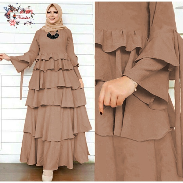 Maxi Dress Gamis Tumpuk Depan Wollycrepe Fashion Wanita Muslim Dress Polos Lengan Lonceng Ada Tali Bagian Lengan Busui Friendly