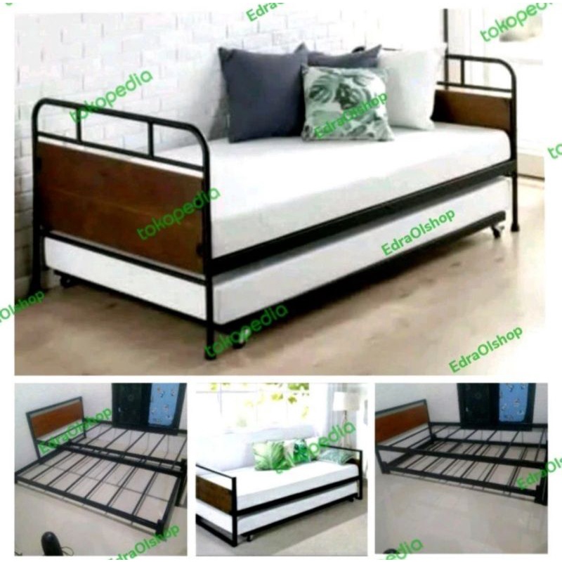 Sofa Bed Day Night Besi Ranjang Susun 2 Sandaran Kayu Kuat Mewah Minimalis.