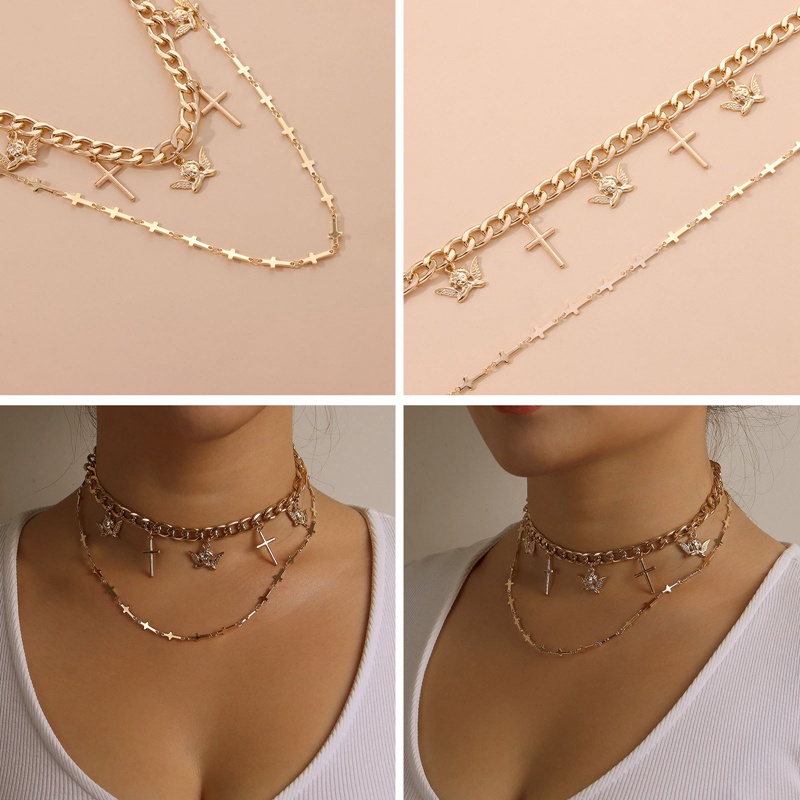 New Trend Sayap Malaikat Chocker Kalung Salib Lapisan Ganda Sederhana